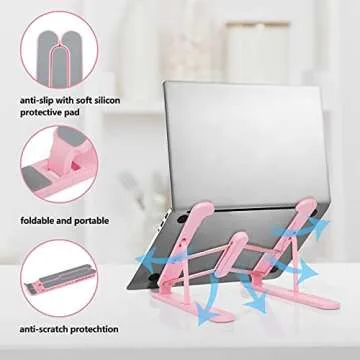 JERX Pink Laptop Stand for Desk, 8 Angles Foldable Laptop Riser, Portable Computer Stand Easy to Carry, Compatible with MacBook Air Pro, HP, Lenovo, Dell & All 10 to 15.6 Inches Laptops