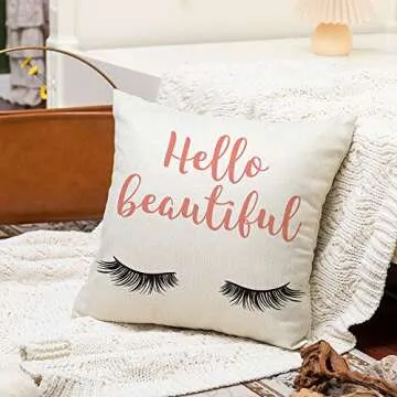 Ogiselestyle Hello Beautiful Quote Throw Pillow Cover Home Decorative Eyelashes Pillow Case Cotton Linen Cushion Cover Gifts for Sofa Couch 18x18 Inch