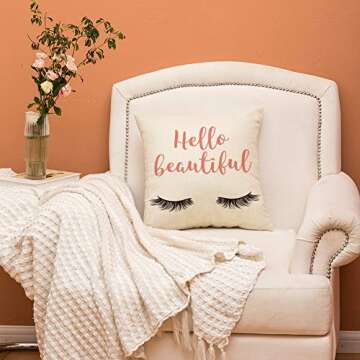 Ogiselestyle Hello Beautiful Quote Throw Pillow Cover Home Decorative Eyelashes Pillow Case Cotton Linen Cushion Cover Gifts for Sofa Couch 18x18 Inch