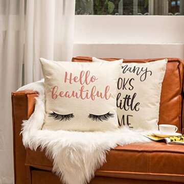 Ogiselestyle Hello Beautiful Quote Throw Pillow Cover Home Decorative Eyelashes Pillow Case Cotton Linen Cushion Cover Gifts for Sofa Couch 18x18 Inch
