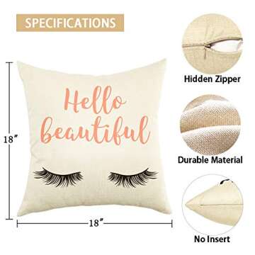 Ogiselestyle Hello Beautiful Quote Throw Pillow Cover Home Decorative Eyelashes Pillow Case Cotton Linen Cushion Cover Gifts for Sofa Couch 18x18 Inch