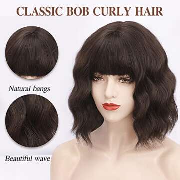 ENTRANCED STYLES Short Wavy Bob Wig with Bangs Curly Wigs for Black Women Heat Resistant Synthetic W...