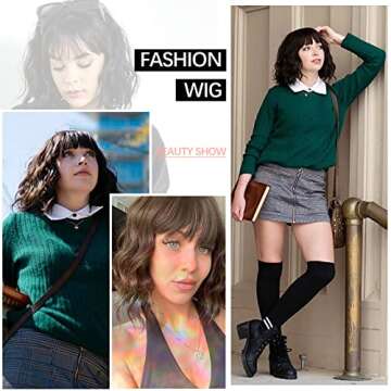 ENTRANCED STYLES Short Wavy Bob Wig with Bangs Curly Wigs for Black Women Heat Resistant Synthetic Wig Natural Brown Wigs