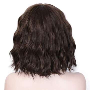 ENTRANCED STYLES Short Wavy Bob Wig with Bangs Curly Wigs for Black Women Heat Resistant Synthetic Wig Natural Brown Wigs