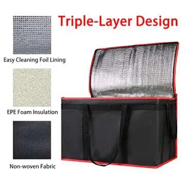 Bodaon 2-Pack Insulated Food Delivery Bag, XXX-Large Meal Grocery Tote Insulation Bag for Hot and Cold Food, Commercial Warming, Large Capacity Reusable Shopping Bags, Cooler Bags (Black + Black-Red)