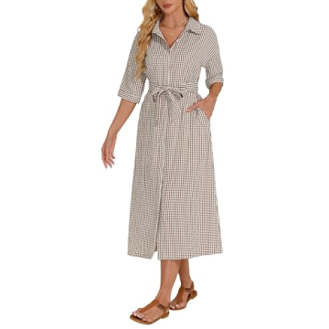 Stylish Women's Plaid Maxi Dress with Belt & Pockets - Comfort & Elegance