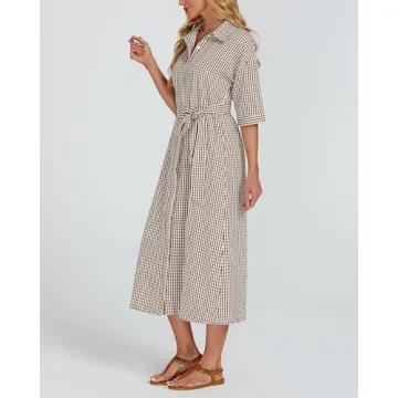 Women's Plaid Maxi Dress with Belt Casual Comfort