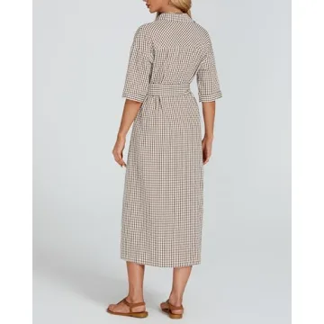 Women's Plaid Maxi Dress with Belt Casual Comfort