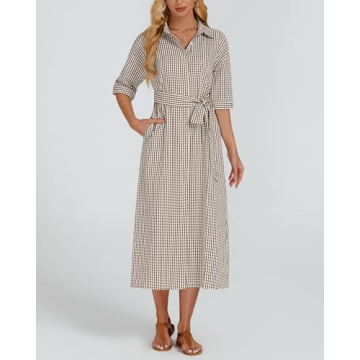 Women's Plaid Maxi Dress with Belt Casual Comfort