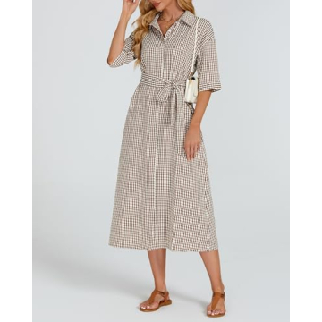 Women's Plaid Maxi Dress with Belt Casual Comfort
