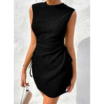 Acelitt Womens Summer Sleeveless Side Cut Out Drawstring Ruched Mini Wedding Guest Dress