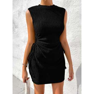 Acelitt Womens Summer Sleeveless Side Cut Out Drawstring Ruched Mini Wedding Guest Dress
