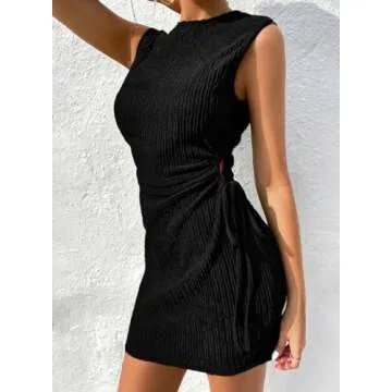 Acelitt Womens Summer Sleeveless Side Cut Out Drawstring Ruched Mini Wedding Guest Dress