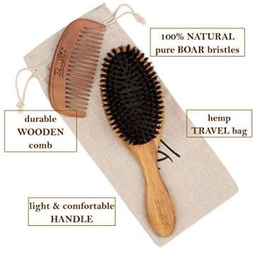Boar Bristle Hair Brush Set for Women and Men - Designed for Thin and Normal Hair - Adds Shine and Improves Hair Texture - Wood Comb and Gift Bag Included (black)