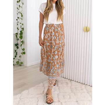ZESICA Women's Summer Bohemian Floral Printed Elastic Waist A Line Maxi Skirt with Pockets,Clay,X-Sm...