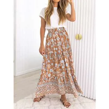 ZESICA Women's Summer Bohemian Floral Printed Elastic Waist A Line Maxi Skirt with Pockets,Clay,X-Small