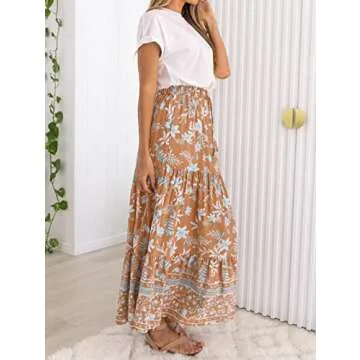 ZESICA Women's Summer Bohemian Floral Printed Elastic Waist A Line Maxi Skirt with Pockets,Clay,X-Small