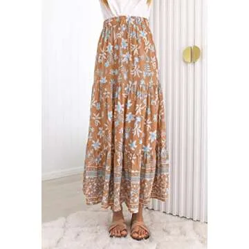 ZESICA Women's Summer Bohemian Floral Printed Elastic Waist A Line Maxi Skirt with Pockets,Clay,X-Small