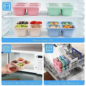 mzvcopm 4 Pack Snack Containers, Divided Bento Lunch Box with Transparent Lids, Reusable Meal Prep Lunch Containers for Kids and Adults, No BPA, 4 Compartment Food Storage Containers
