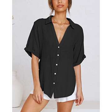 Womens Button Down Linen Shirts V Neck Roll Up Cuffed Sleeve Blouses Loose Fit Collared Shirt Casual...