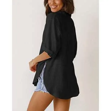 Womens Casual Button Down Linen Shirts V Neck Blouses