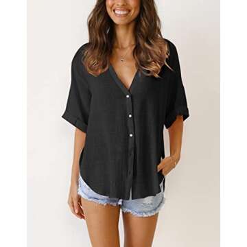 Womens Casual Button Down Linen Shirts V Neck Blouses