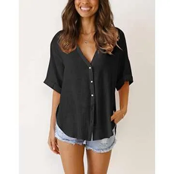 Womens Casual Button Down Linen Shirts V Neck Blouses