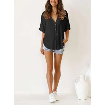 Womens Casual Button Down Linen Shirts V Neck Blouses
