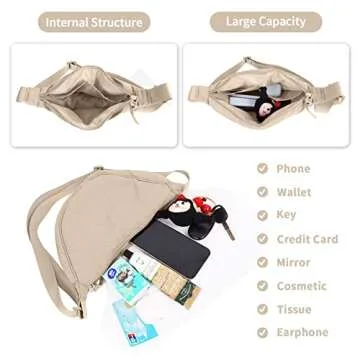 Nylon Crescent Crossbody Bag for Women Purses Trendy Men,Small Travel Sling Bag Hobo,Lightweight Fanny Pack with Zipper Adjustable Strap,Round Soft Shoulder Pouch Bag for Everyday Use Sport(Beige)