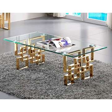 Meridian Furniture Pierre Collection Modern | Contemporary Square Glass Coffee Table with Stainless Steel Base and Rich Gold Finish, 48" W x 24" D x 16" H