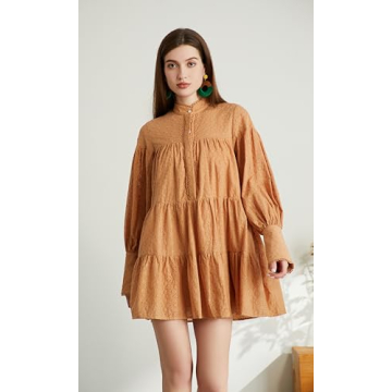 Aox Women Ruffle Sleeve Tunic Midi Dress Flowy Comfortable