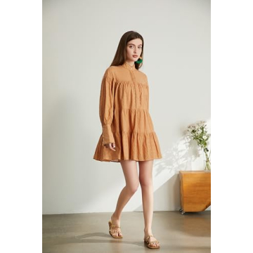 Aox Women Ruffle Sleeve Tunic Midi Dress Flowy Comfortable