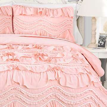 Lush Decor Kemmy Quilt Ruffled Textured 3 Piece King Size Bedding Set, Peach/Blush
