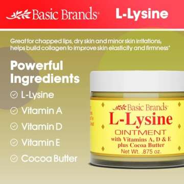 Basic Brands L-Lysine Ointment, Cold Sore Fever Blister Relief, Soothes Chapped Lips and Dry Skin, Goes on Clear, 0.875 oz (Pack of 1)