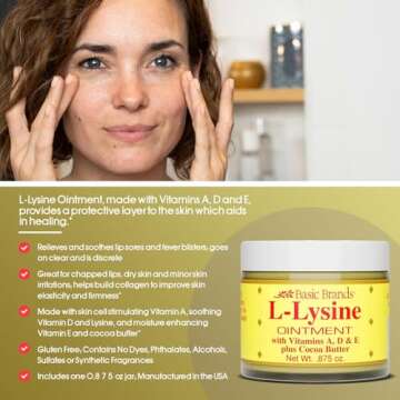 Basic Brands L-Lysine Ointment, Cold Sore Fever Blister Relief, Soothes Chapped Lips and Dry Skin, Goes on Clear, 0.875 oz (Pack of 1)