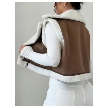 GORGLITTER Women's Fuzzy Vest Outerwear Trendy Fall Fleece Sherpa Vest Sleeveless Old Money Coat Vests Brown Small
