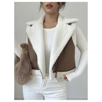 GORGLITTER Women's Fuzzy Vest Outerwear Trendy Fall Fleece Sherpa Vest Sleeveless Old Money Coat Vests Brown Small