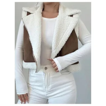 GORGLITTER Women's Fuzzy Vest Outerwear Trendy Fall Fleece Sherpa Vest Sleeveless Old Money Coat Vests Brown Small