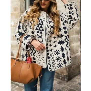 Yimoon Women's Quilted Puffer Jacket Lightweight Floral Print Padded Coat Button Down Puffy Cardigan Outwear(White-L), Large