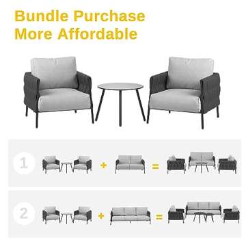 EAST OAK 3 Pieces Patio Furniture Set, Armchairs with Coffee Table, Outdoor Furniture Set with Cushion, Modern Outdoor Furniture Deep Seating for Outdoor Garden Porch, Earth Black & Misty Grey