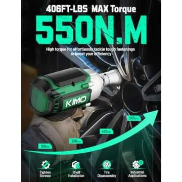 KIMO Cordless Impact Wrench, 550N.m/406ft-lbs, 7Sockets,3Inch Extension Bar, High Torque Impact Brushless Wrench with 3/8" Chuck, 3000 RPM, 3000mAh Li-ion Battery, Charger, Power Impact Wrench for Car