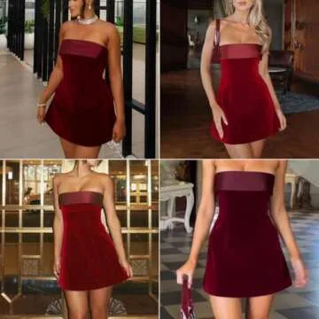 ANKOMINA Women's Sexy Strapless Bodycon Mini Dress Velvet Off Shoulder A-Line Tube Top Dress Party Club Dresses Red