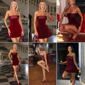 ANKOMINA Women's Sexy Strapless Bodycon Mini Dress Velvet Off Shoulder A-Line Tube Top Dress Party Club Dresses Red