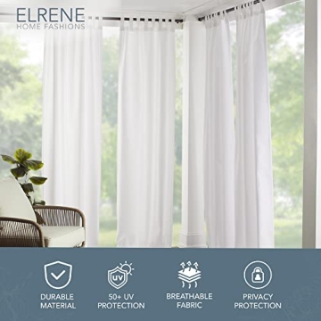 Elrene Home Fashions Matine Weatherproof Tab-Top Indoor/Outdoor Solid Color Curtain Panel for Porch, Pergola, Patio, Deck, 52”W x 84”L, White