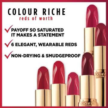 L’Oréal Paris Colour Riche Red Lipstick, Long Lasting, Satin Finish Smudge Proof Lipstick with Hydrating Argan Oil & Vitamin E, Reds of Worth, Respected Red, 0.13 Oz