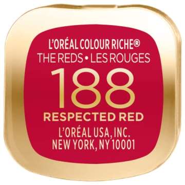 L’Oréal Paris Colour Riche Red Lipstick, Long Lasting, Satin Finish Smudge Proof Lipstick with Hydrating Argan Oil & Vitamin E, Reds of Worth, Respected Red, 0.13 Oz