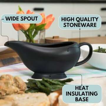 Gravy Boat - (14oz) Elegant Ceramic Gravy Bowl - Ceramic Gravy Boat - Stoneware Gravy Boat Warmer (Black) - Insulated Thanksgiving Gravy Boat