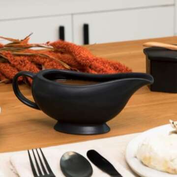 Gravy Boat - (14oz) Elegant Ceramic Gravy Bowl - Ceramic Gravy Boat - Stoneware Gravy Boat Warmer (Black) - Insulated Thanksgiving Gravy Boat