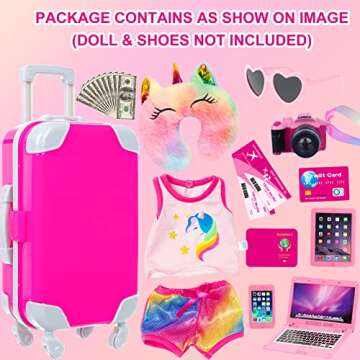 XFEYUE 23 Pcs American 18 inch Doll Clothes and Accessories - Suitcase Luggage, Pillow, Sunglasses, Camera, Passport, Mobile Phone, Computer Doll Travel Gear Play Set