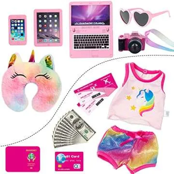 XFEYUE 23 Pcs American 18 inch Doll Clothes and Accessories - Suitcase Luggage, Pillow, Sunglasses, Camera, Passport, Mobile Phone, Computer Doll Travel Gear Play Set